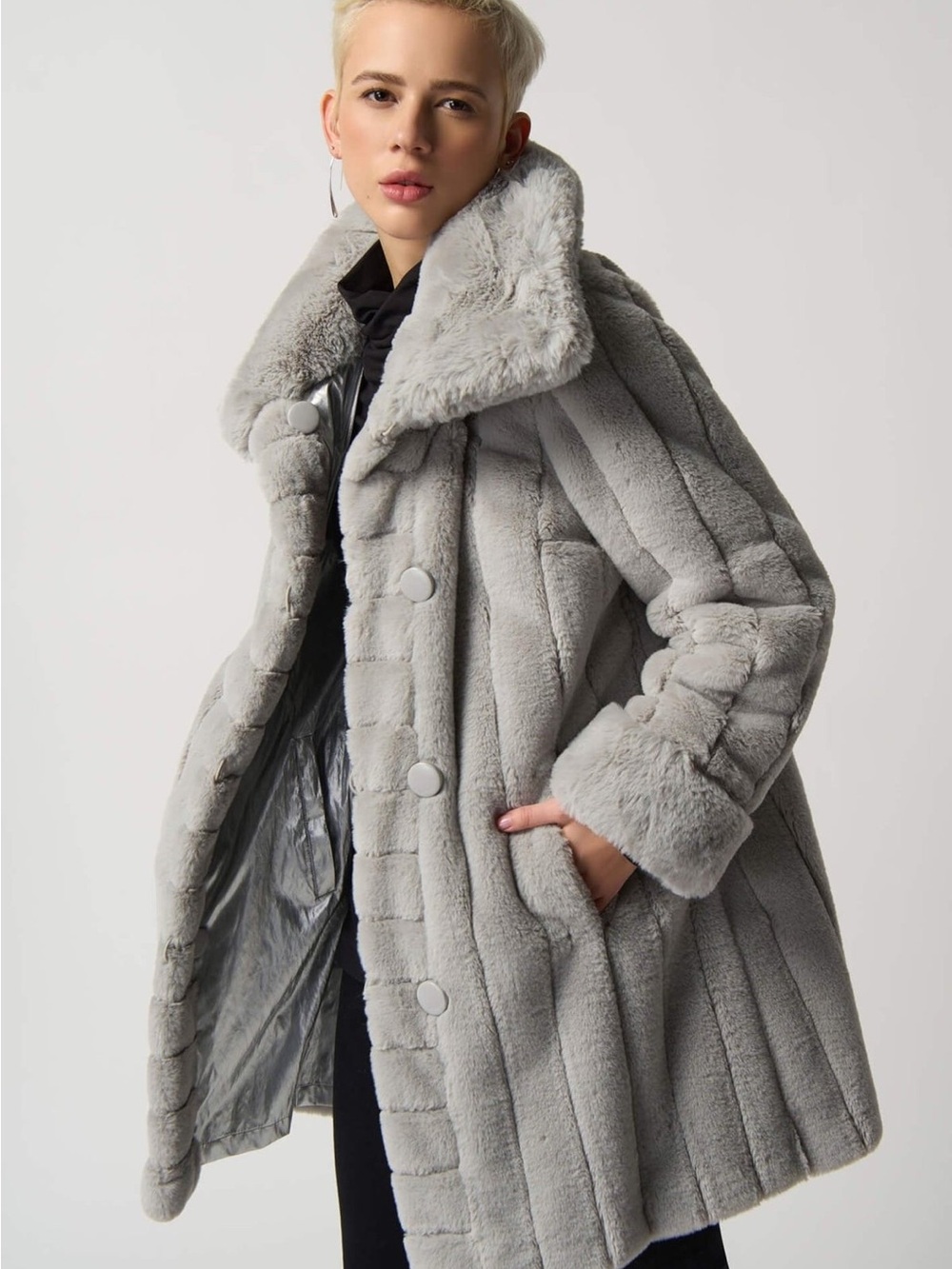 Reversible Silver Grey Faux Fur & Metallic Coat - Joseph Ribkoff Small